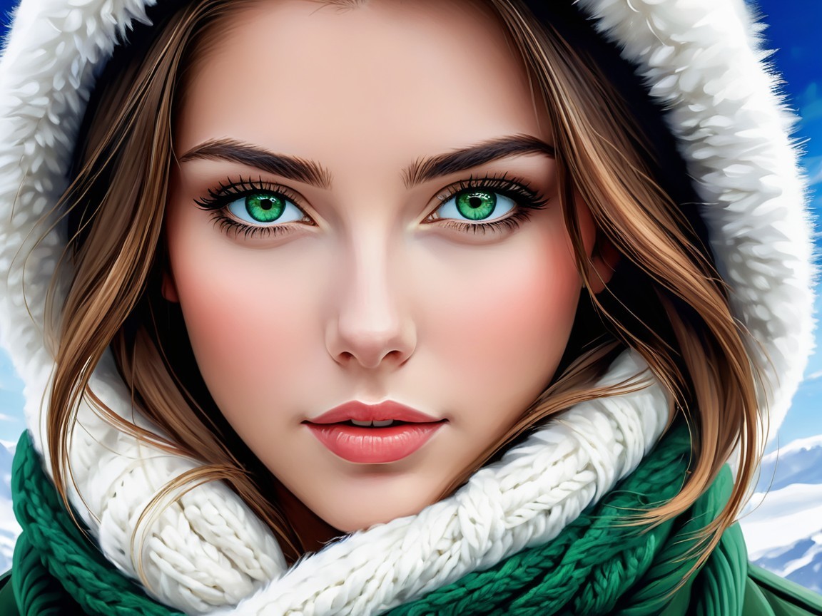 Close-up portrait of a woman in snowy landscape
