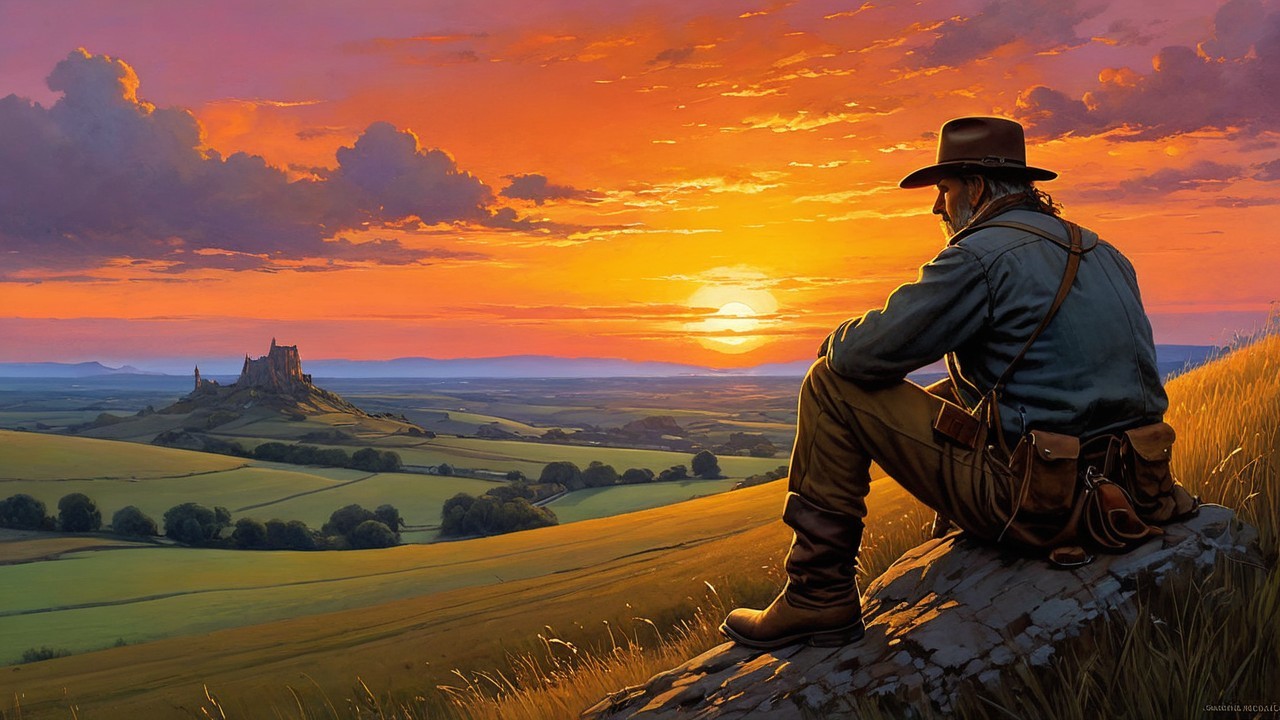 Lone Figure Watching Sunset Over Fields and Castle