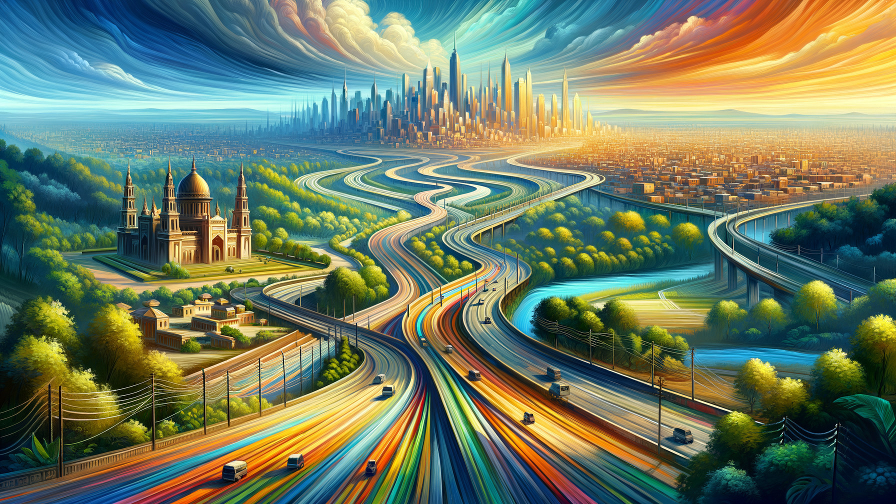 Surreal City Skyline with Dramatic Sky and Nature