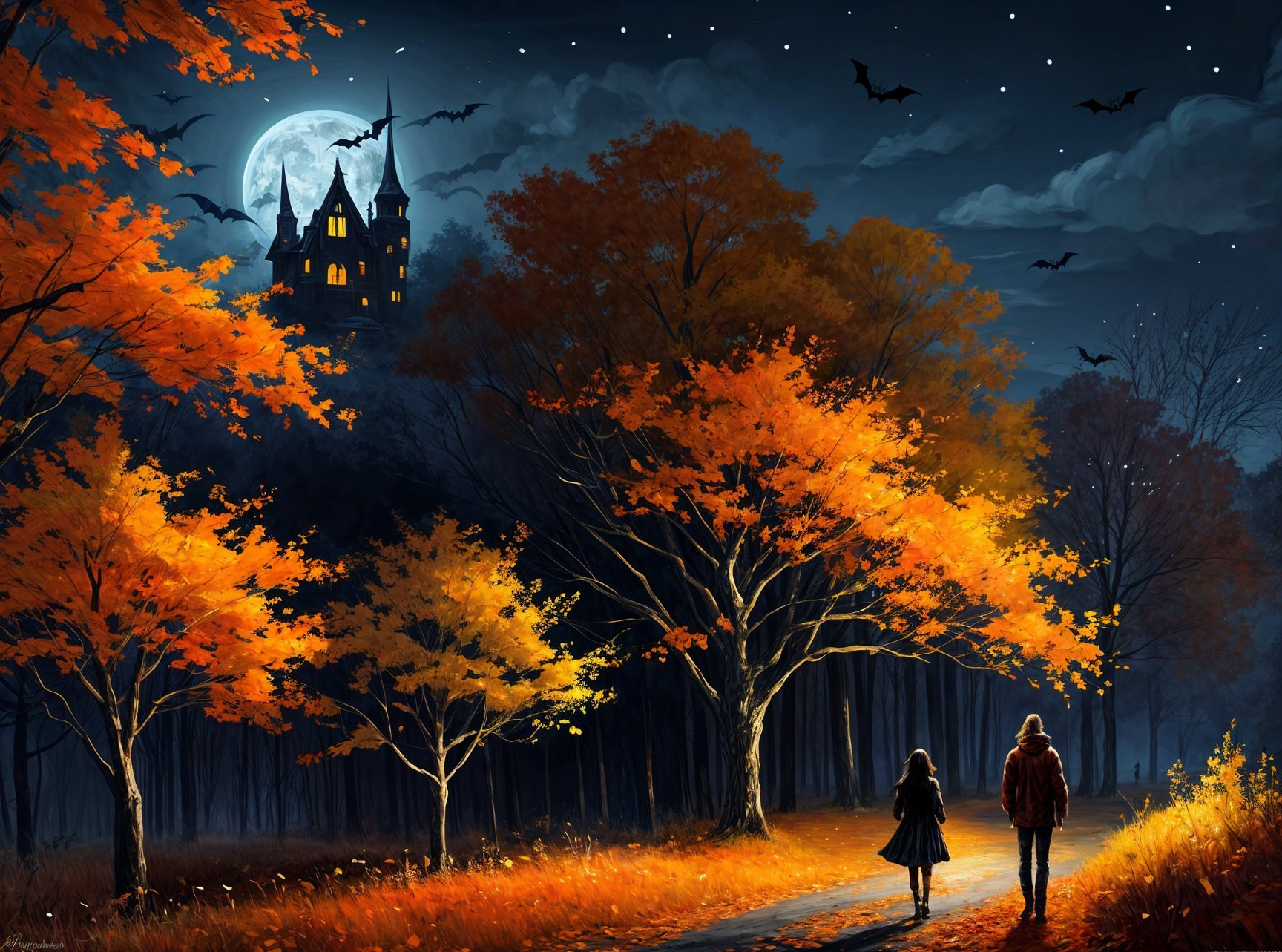 Moonlit Forest Path with Castle and Autumn Foliage