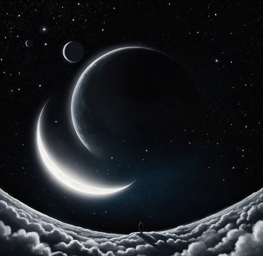 Cosmic Scene with Planets and Crescent Moon