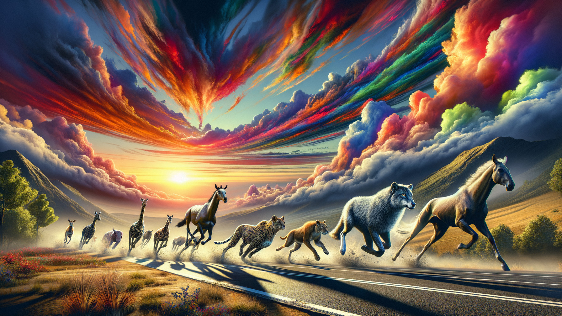 Vibrant Sunset with Diverse Animals on Winding Road