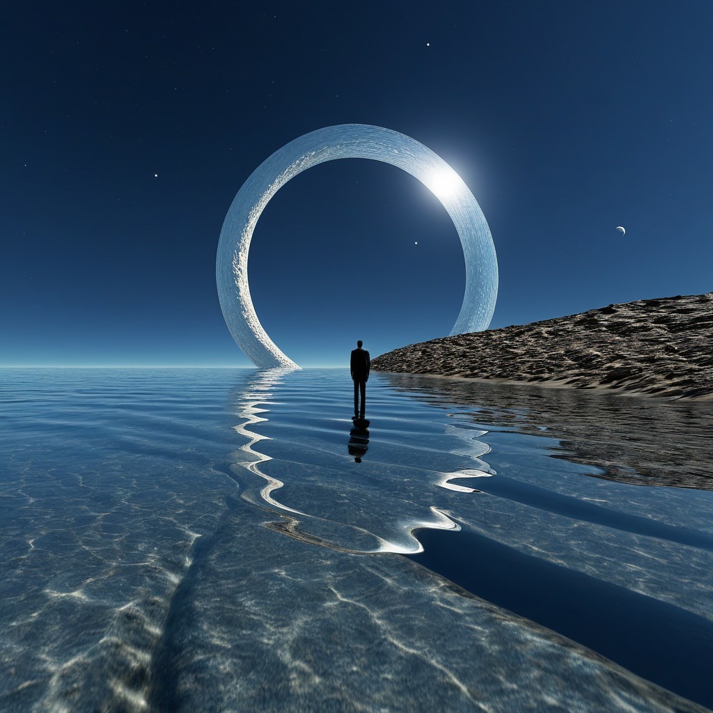 Lone Figure by Tranquil Ocean Under Shimmering Ring