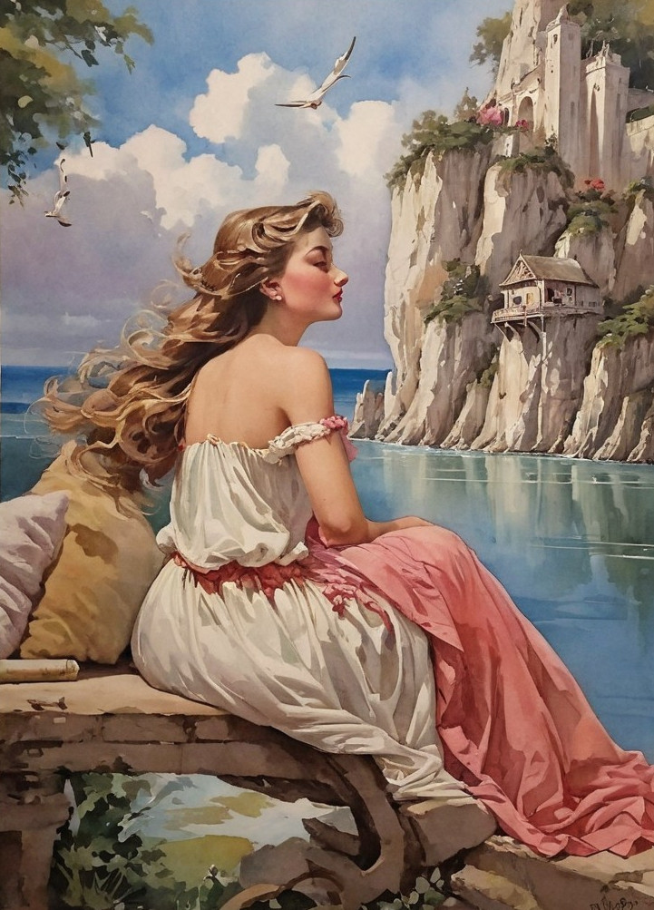 Serene Woman Overlooking Tranquil Sea and Cliffs