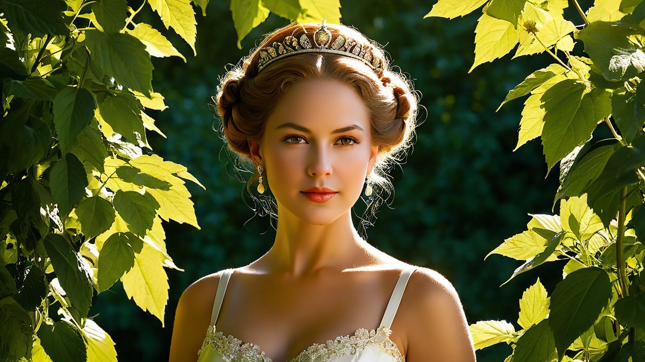 Young woman in elegant gown amidst lush greenery