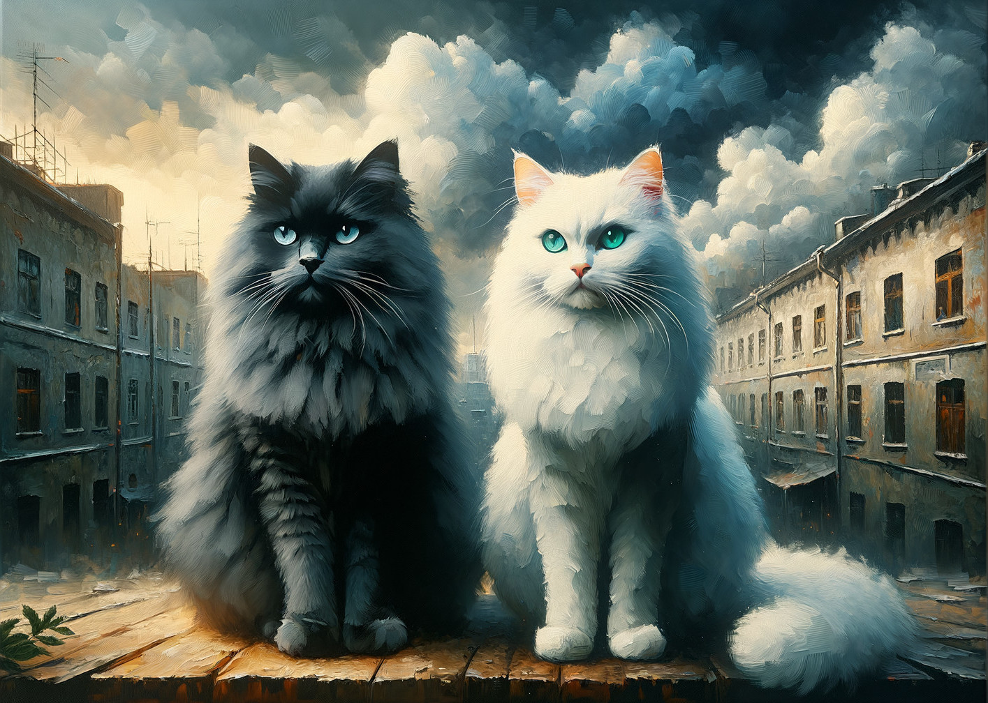 Majestic cats on a weathered platform in urban setting