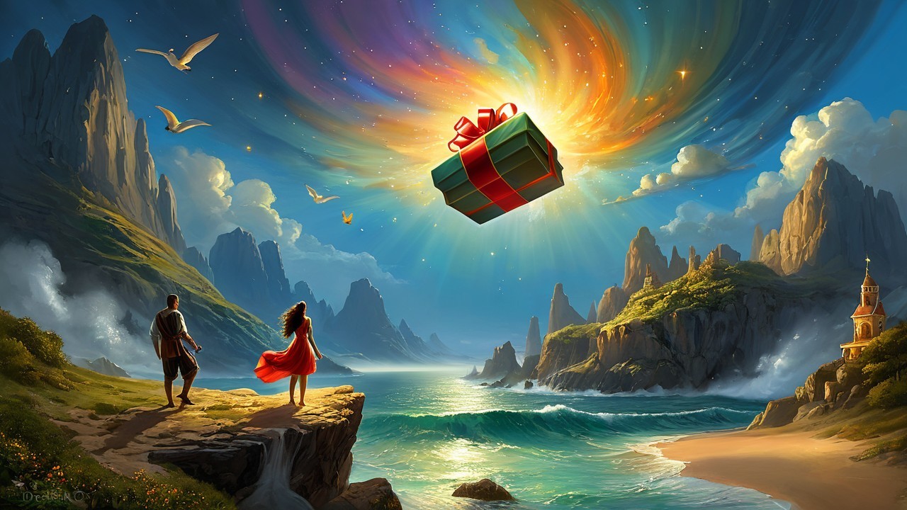 Scenic Vista with Figures and Colorful Sky Display