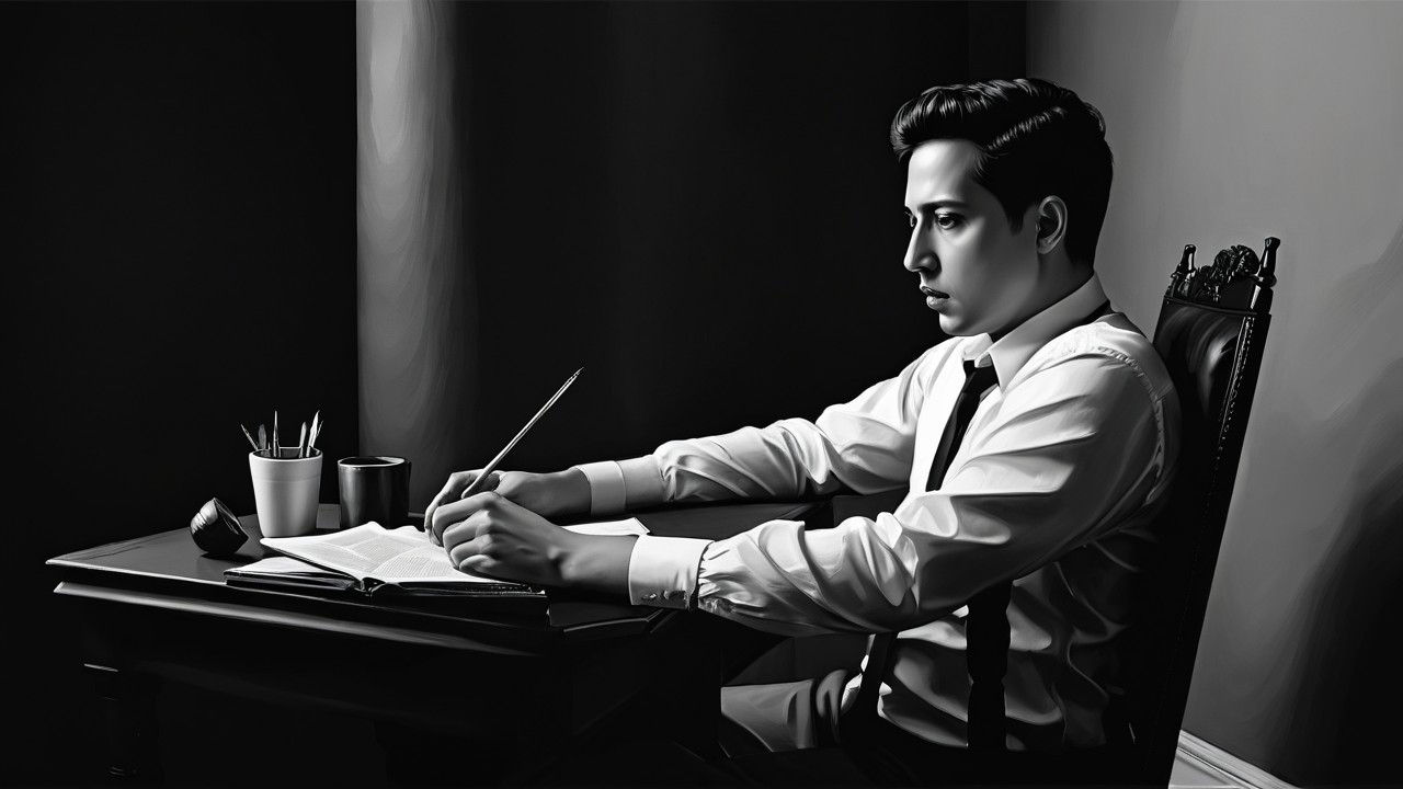 Young man in formal attire writing at a desk