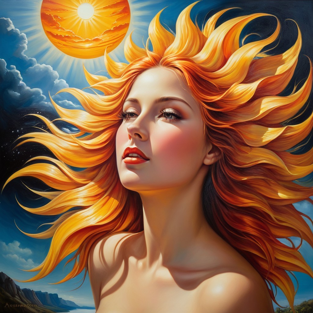Woman with Fiery Orange Hair Against Dramatic Sky