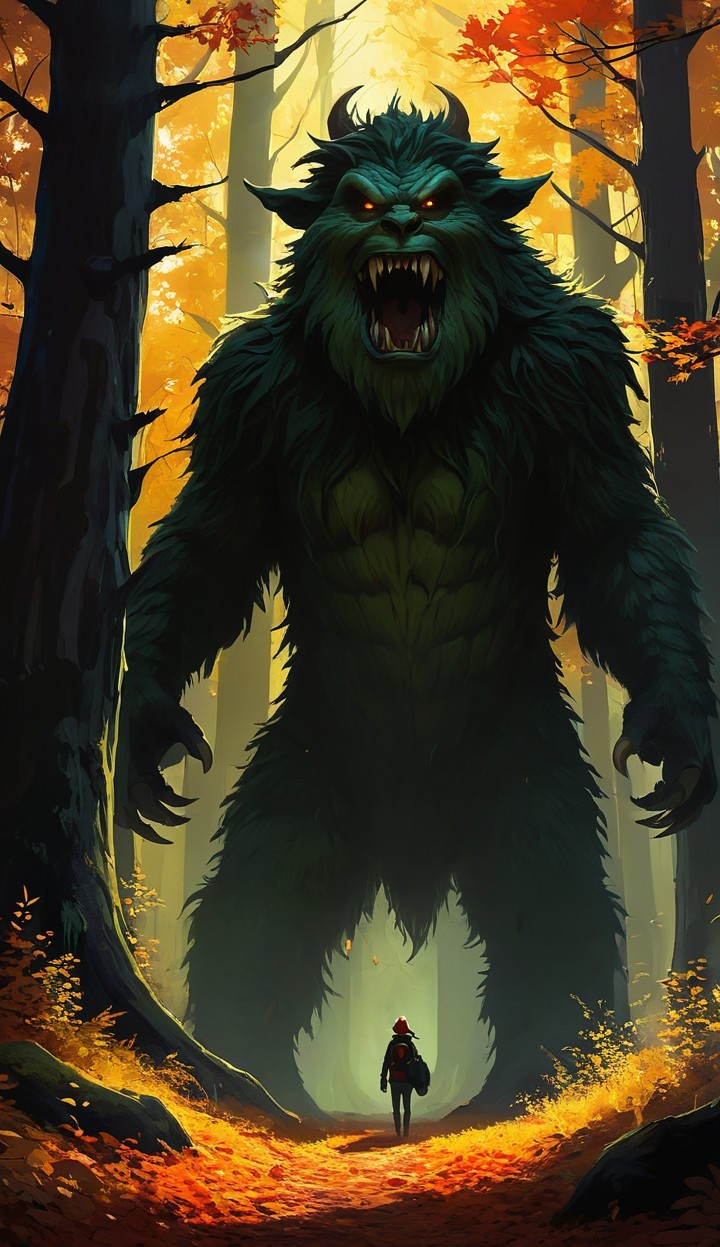 Autumn Forest Scene with Creature and Cloaked Figure