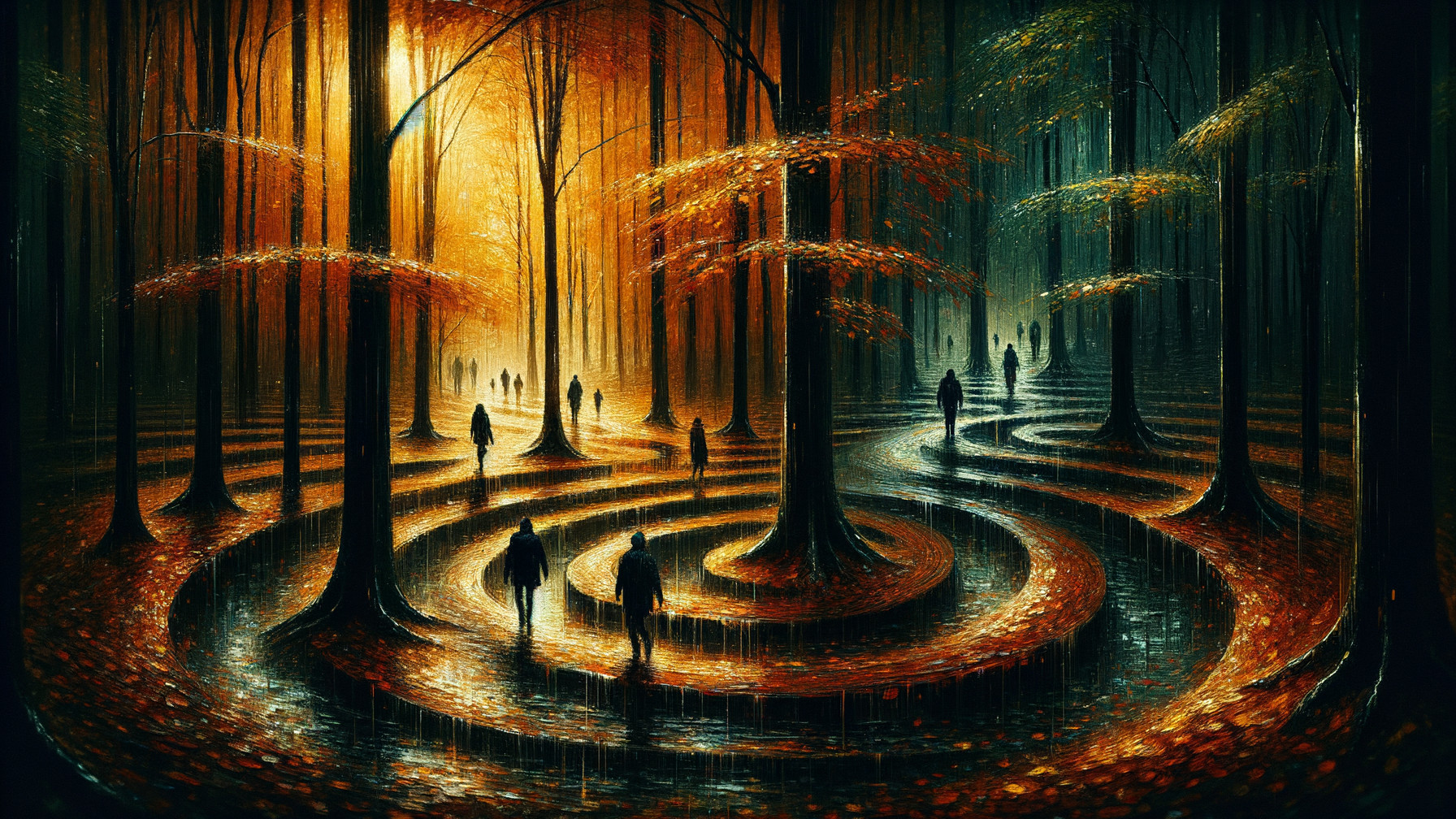 Surreal Forest Scene with Autumn Trees and Reflections