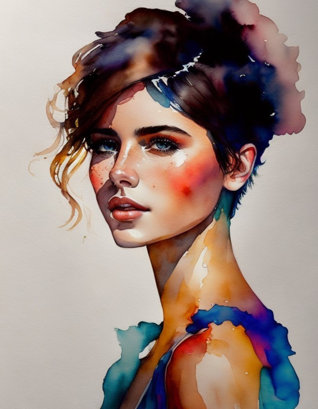 Watercolor Portrait of a Young Woman with Colorful Features