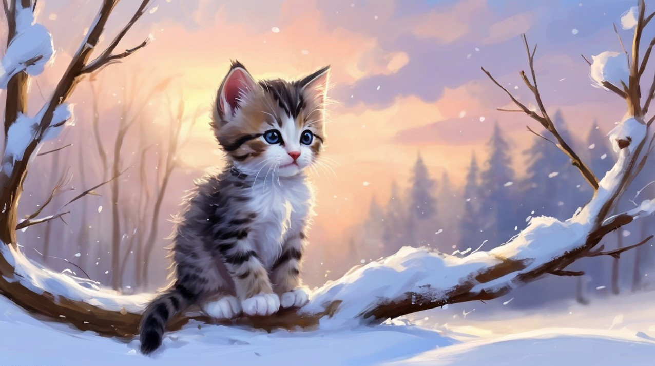 Fluffy Striped Kitten on Snowy Branch in Winter Scene