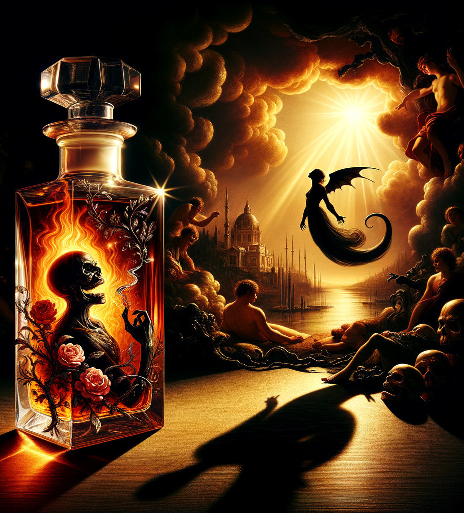 Ornate glass bottle with fiery liquid and skull design
