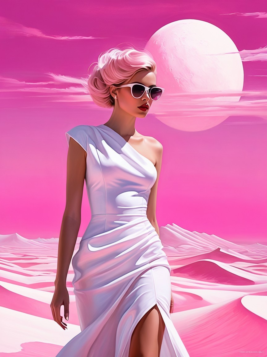 Stylish Woman in White Gown on Pink Sand Dunes