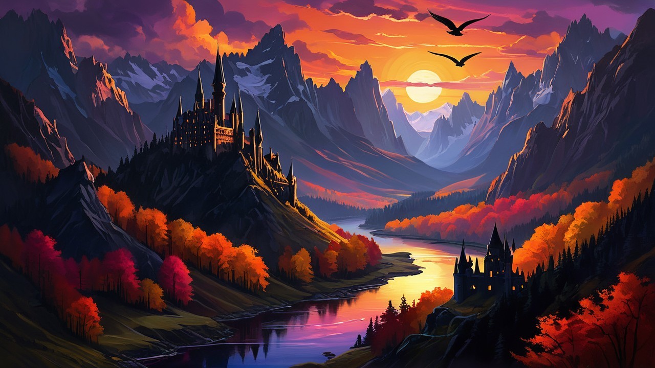 Sunset Over Mountains with River and Castle Landscape