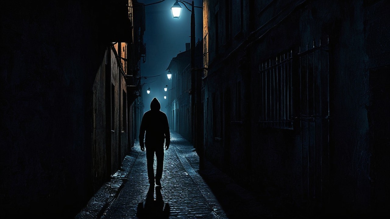Solitary Figure in Dimly Lit Alleyway at Night