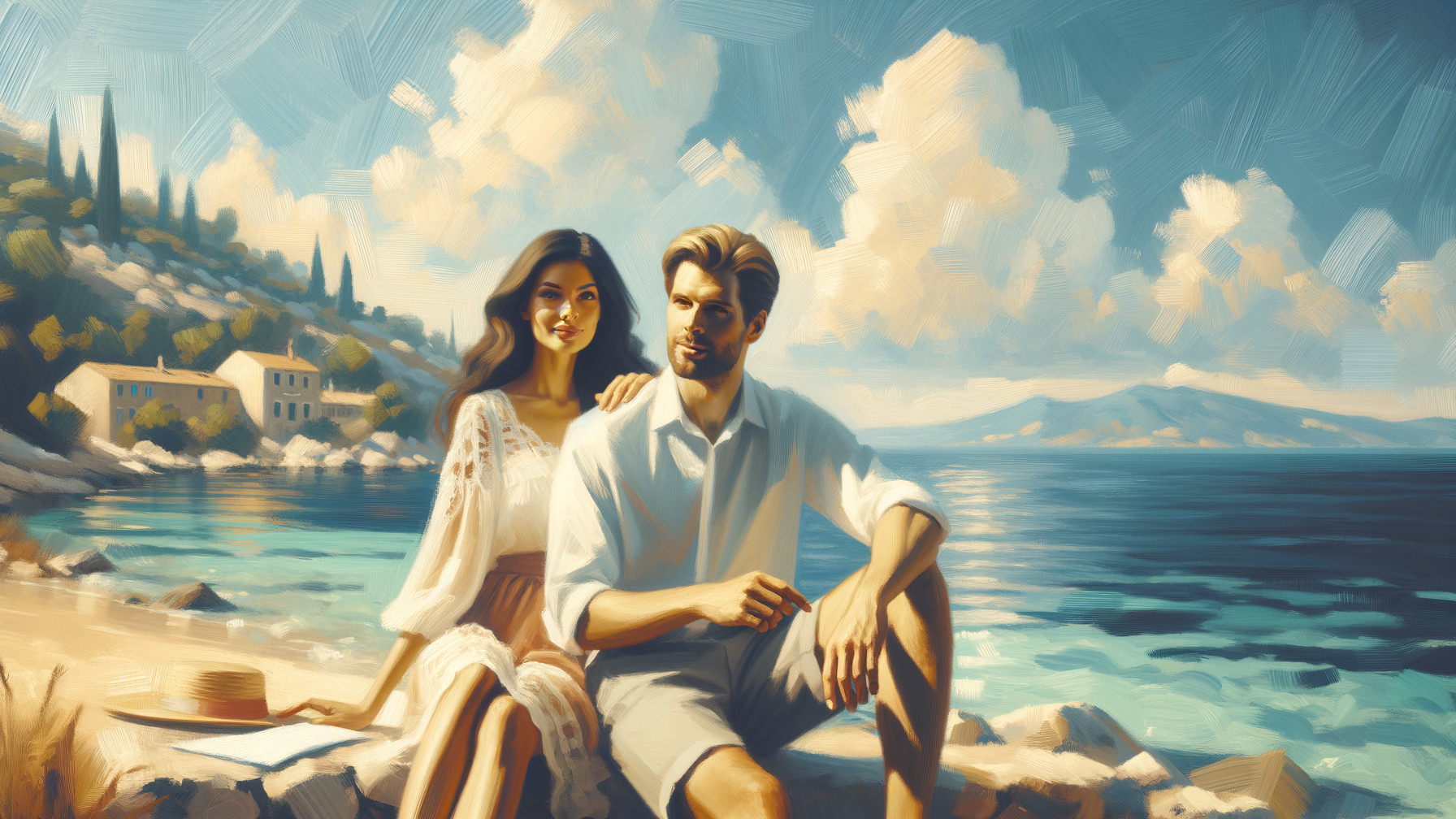 Couple Relaxing on a Rocky Shore by the Sea
