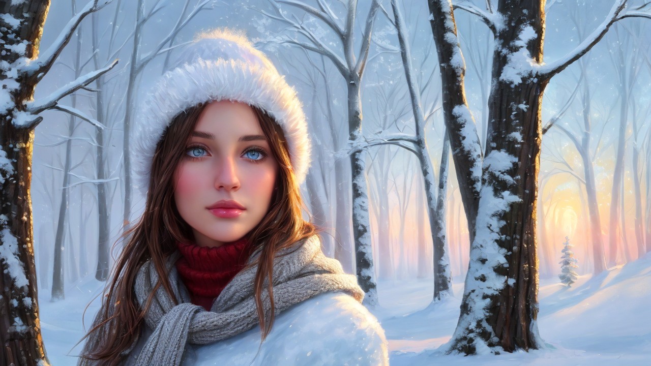 Young Woman in Snowy Forest at Dawn