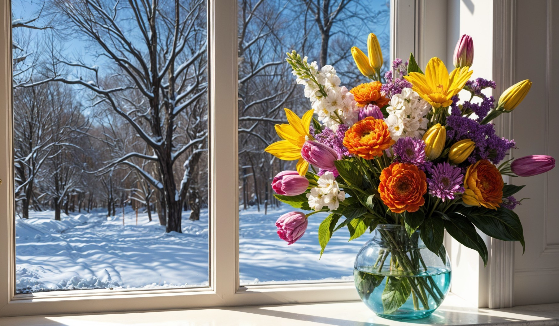 Vibrant Bouquet with Winter Landscape Background