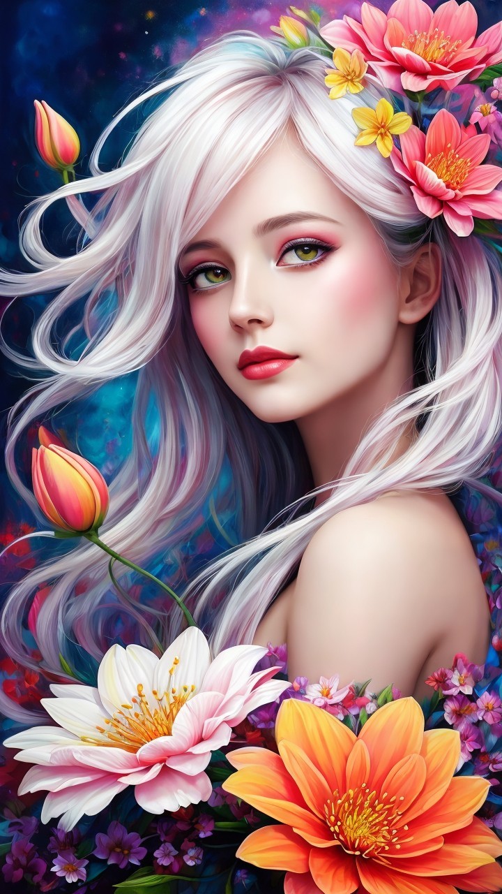 Half-Portrait of a Woman with White Hair and Flowers