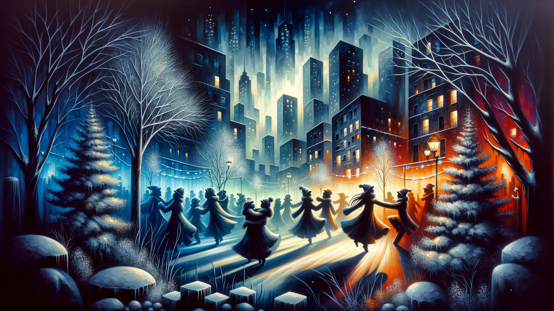 Vibrant Winter Dance Scene Under City Skyline