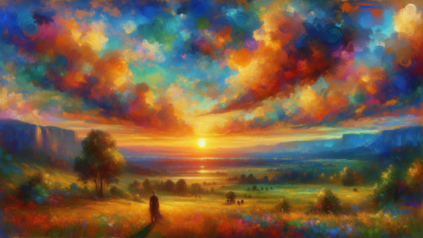 Vibrant Landscape with Dramatic Sunset and Wildflowers