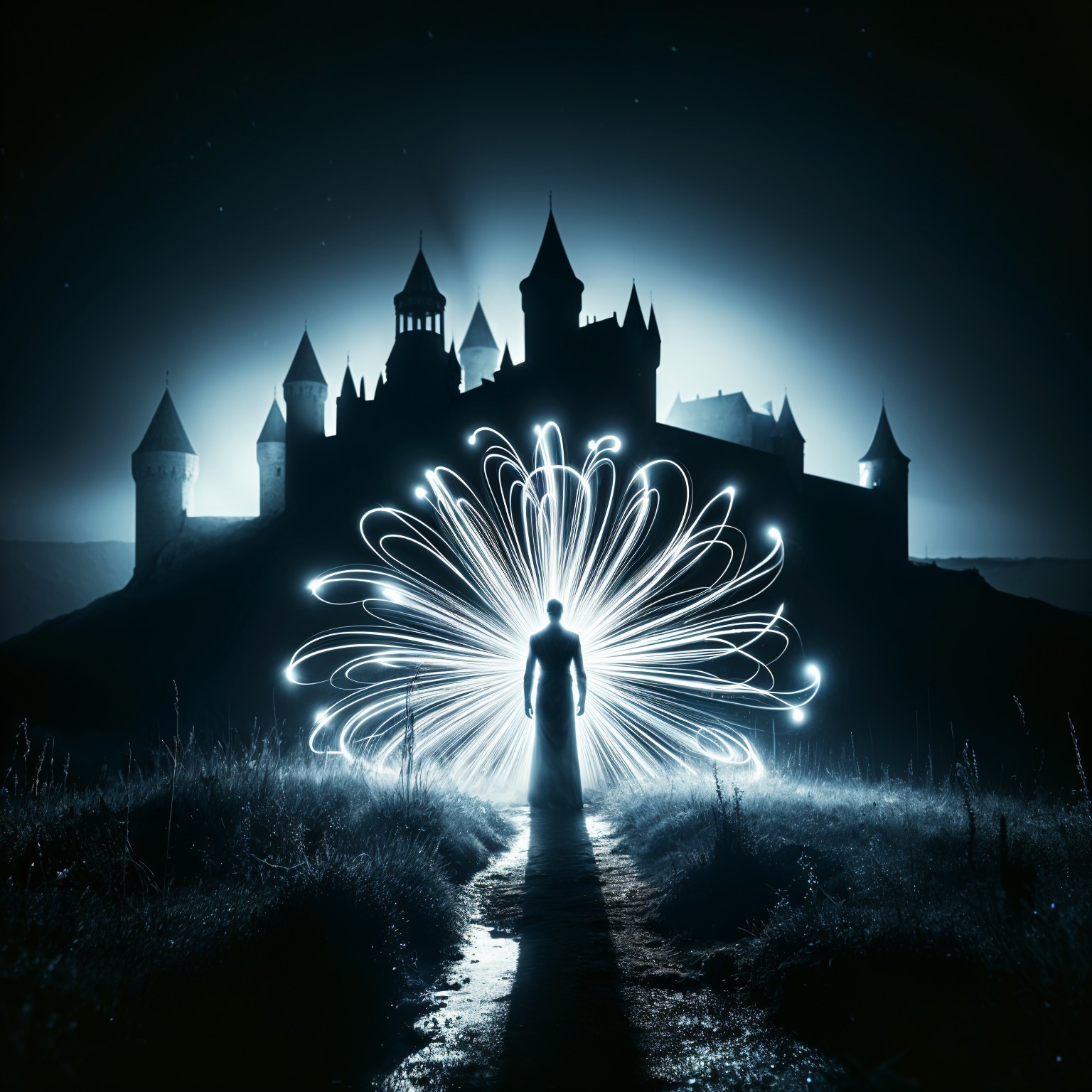 Solitary Figure Before a Dark Castle with Ethereal Glow