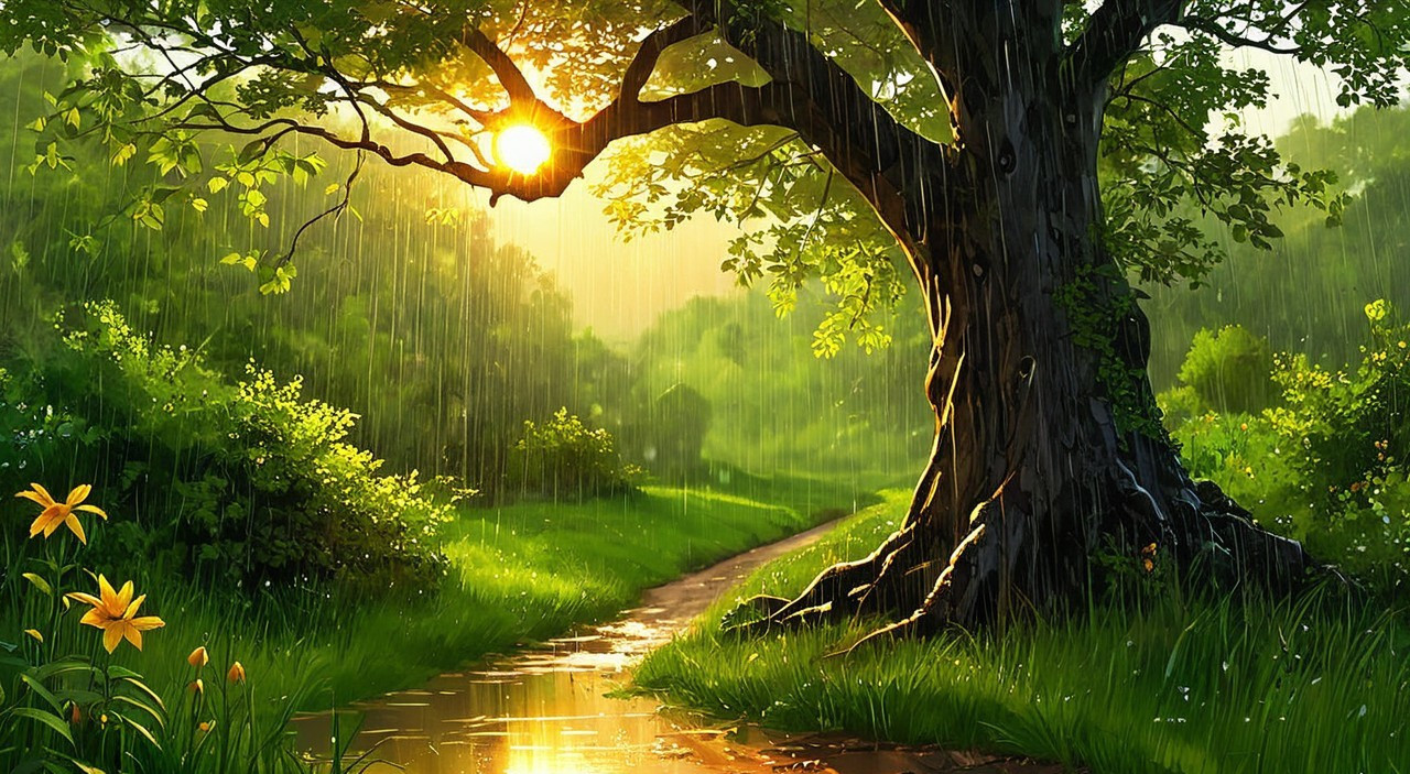 Serene landscape with a large tree and golden sunlight