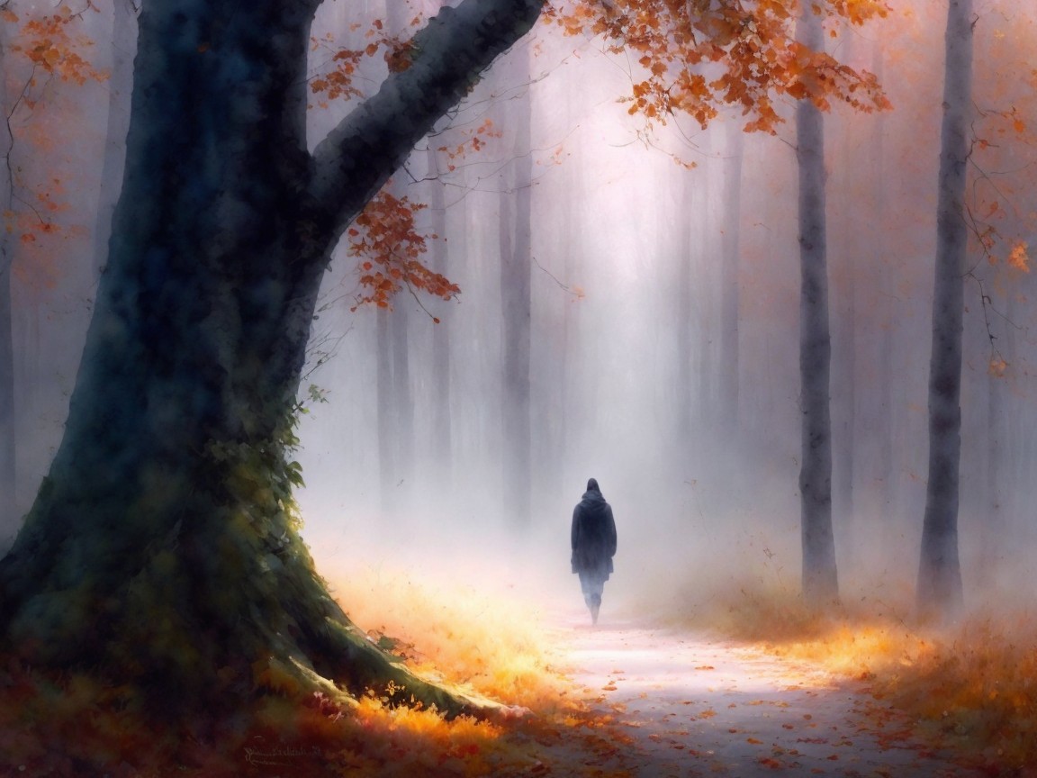 Solitary Figure on a Misty Forest Path in Autumn