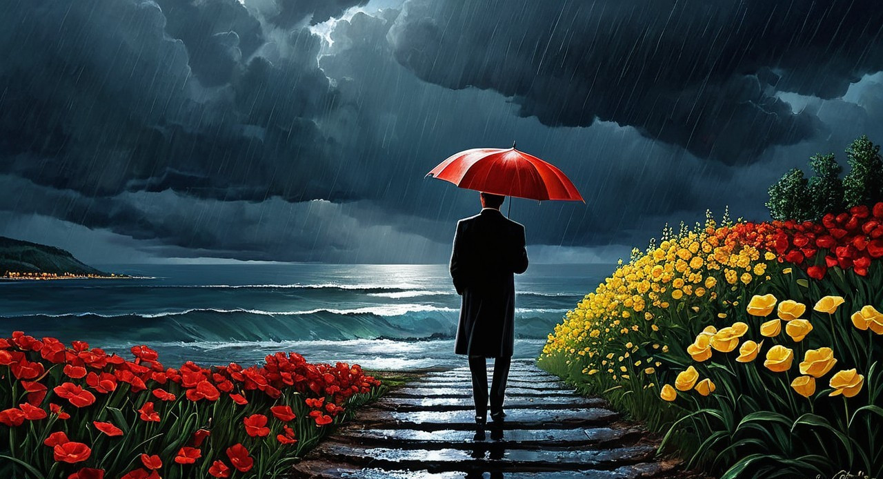Solitary Figure with Umbrella Amidst Colorful Flowers