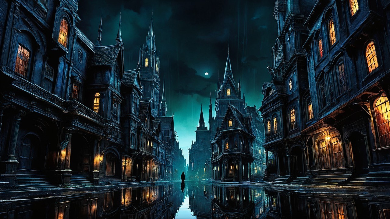 Gothic Street Scene with Moonlit Atmosphere