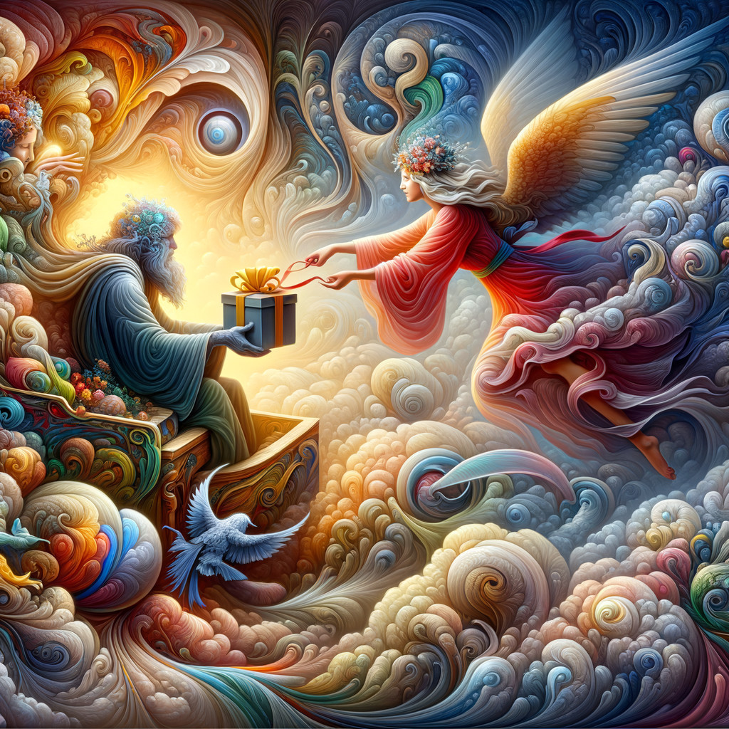 Ethereal Angel Presents Gift to Wise Figure in Clouds