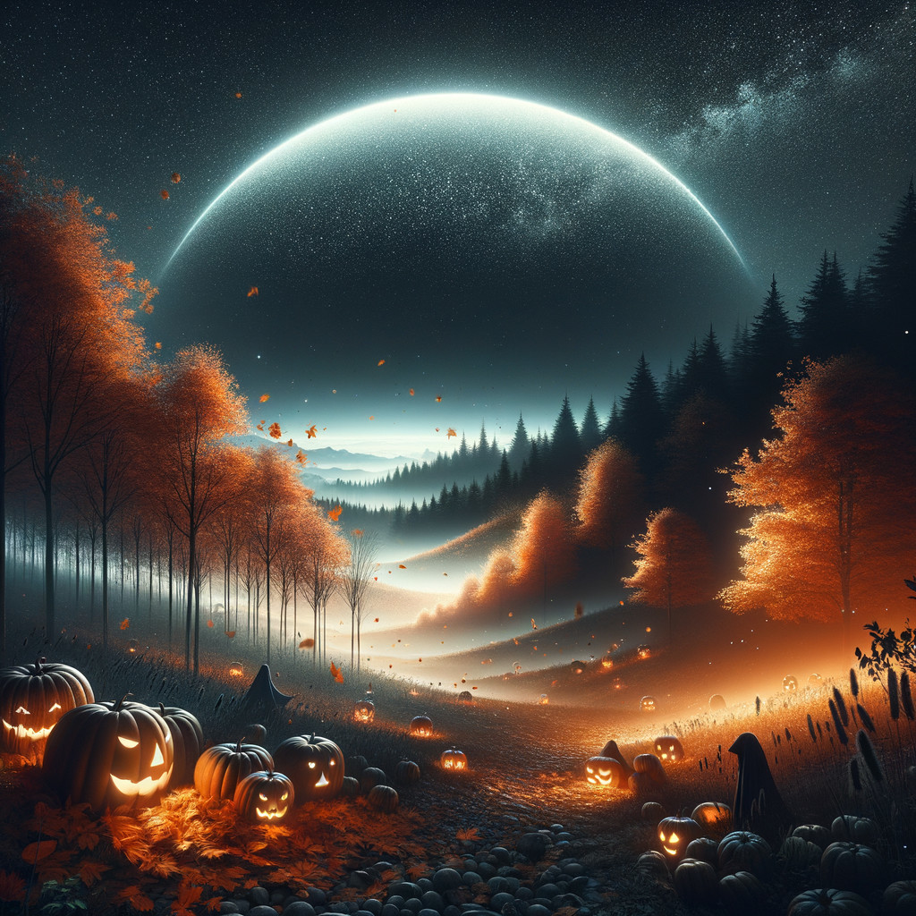 Halloween Landscape with Moon and Carved Pumpkins