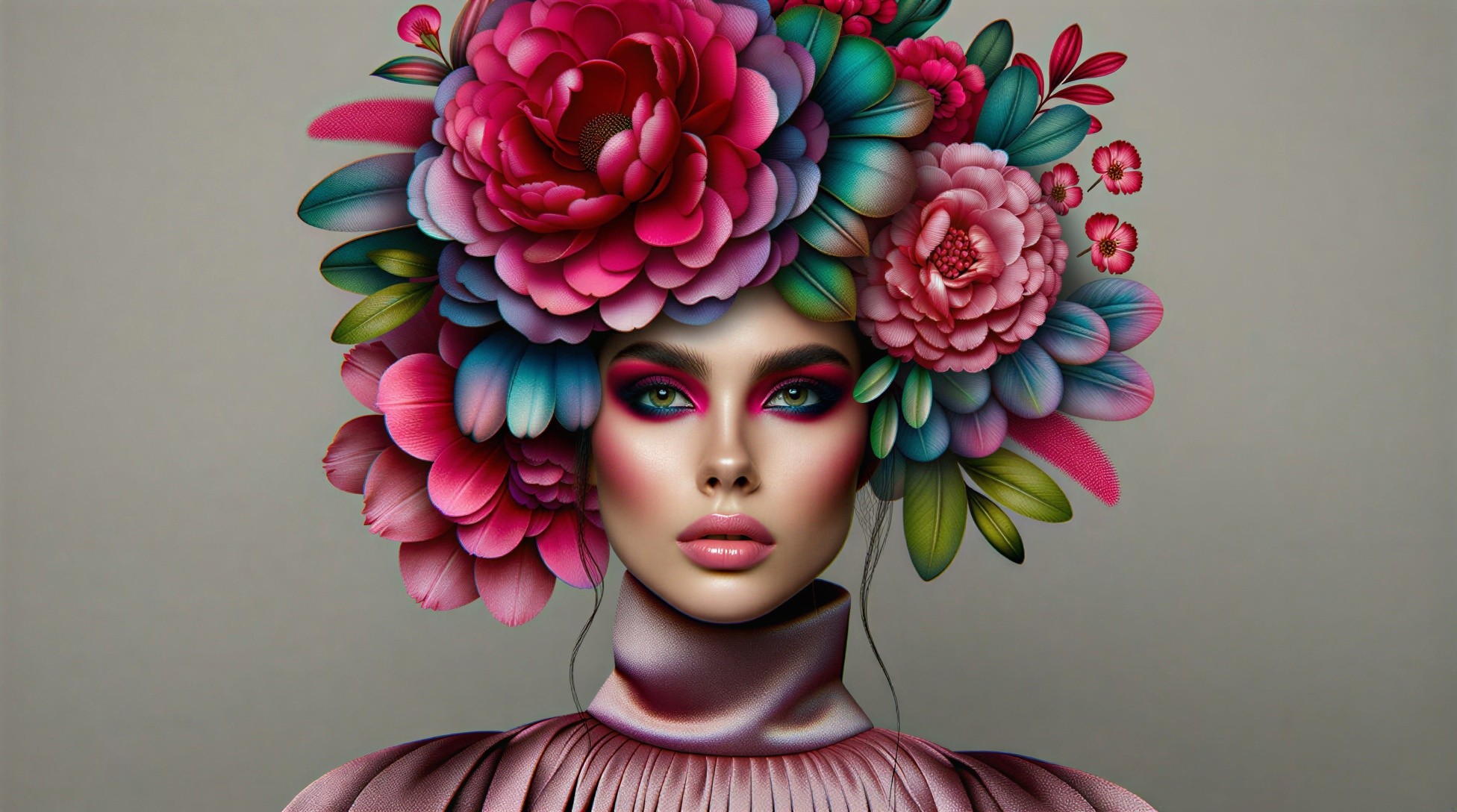 Artistic portrayal of a woman with floral headdress