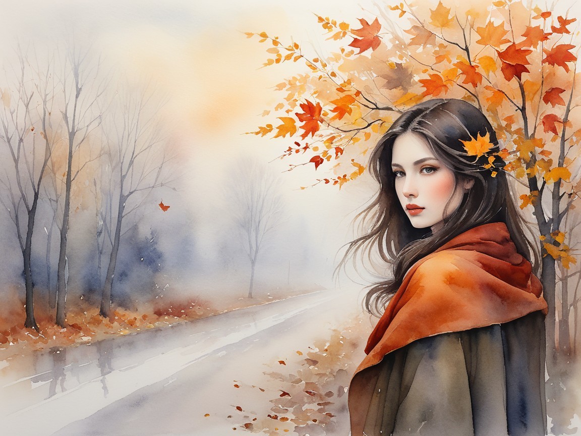 Serene Autumn Scene with Young Woman and Maple Leaves