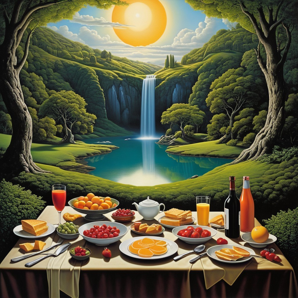 Sumptuous Picnic Spread with Fruits and Scenic Backdrop