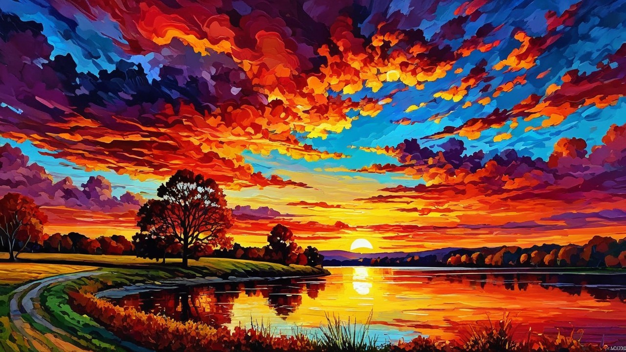 Vibrant Sunset Over Calm River with Silhouetted Trees