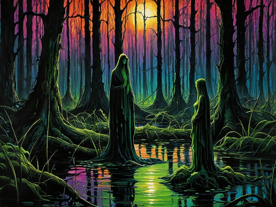 Ethereal Figures in a Mystical Dusk Swamp Scene
