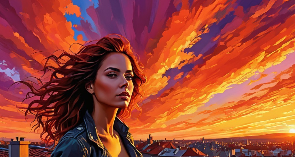 Portrait of a Woman at Sunset with City Skyline