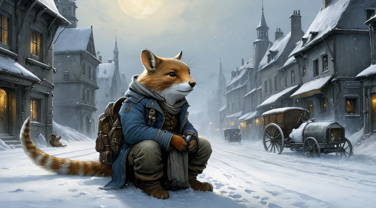 Fox in Blue Coat in Snowy Village at Night