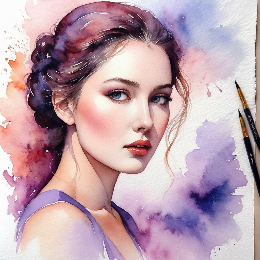 Watercolor Portrait of a Young Woman with Blue Eyes