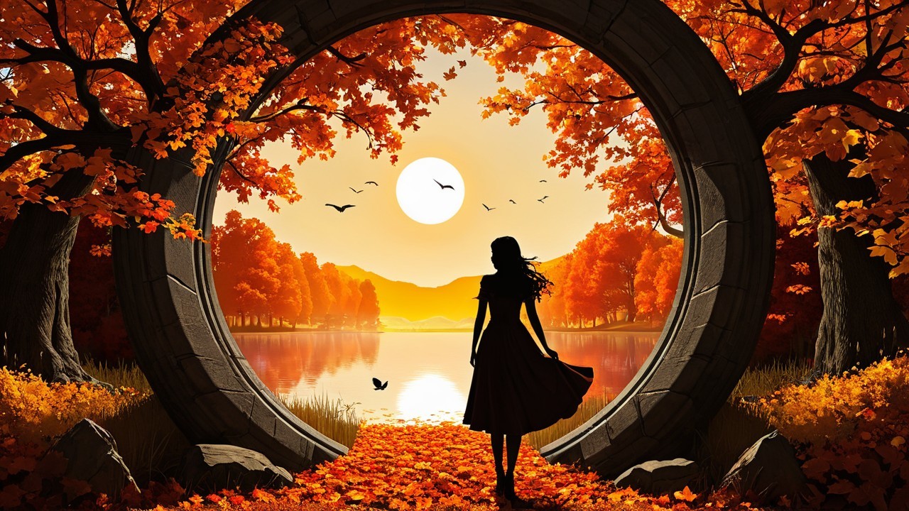 Silhouette of Girl at Autumn Stone Arch with Lake