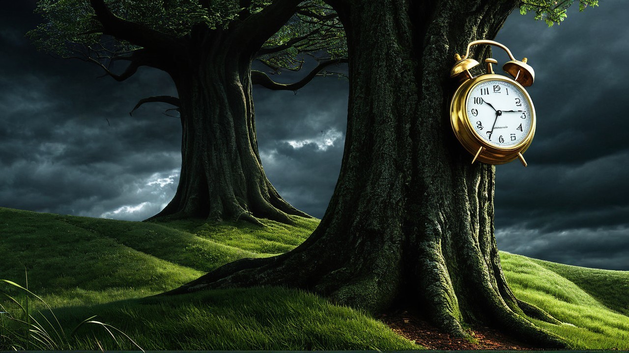 Surreal Dark Landscape with Ancient Trees and Clock