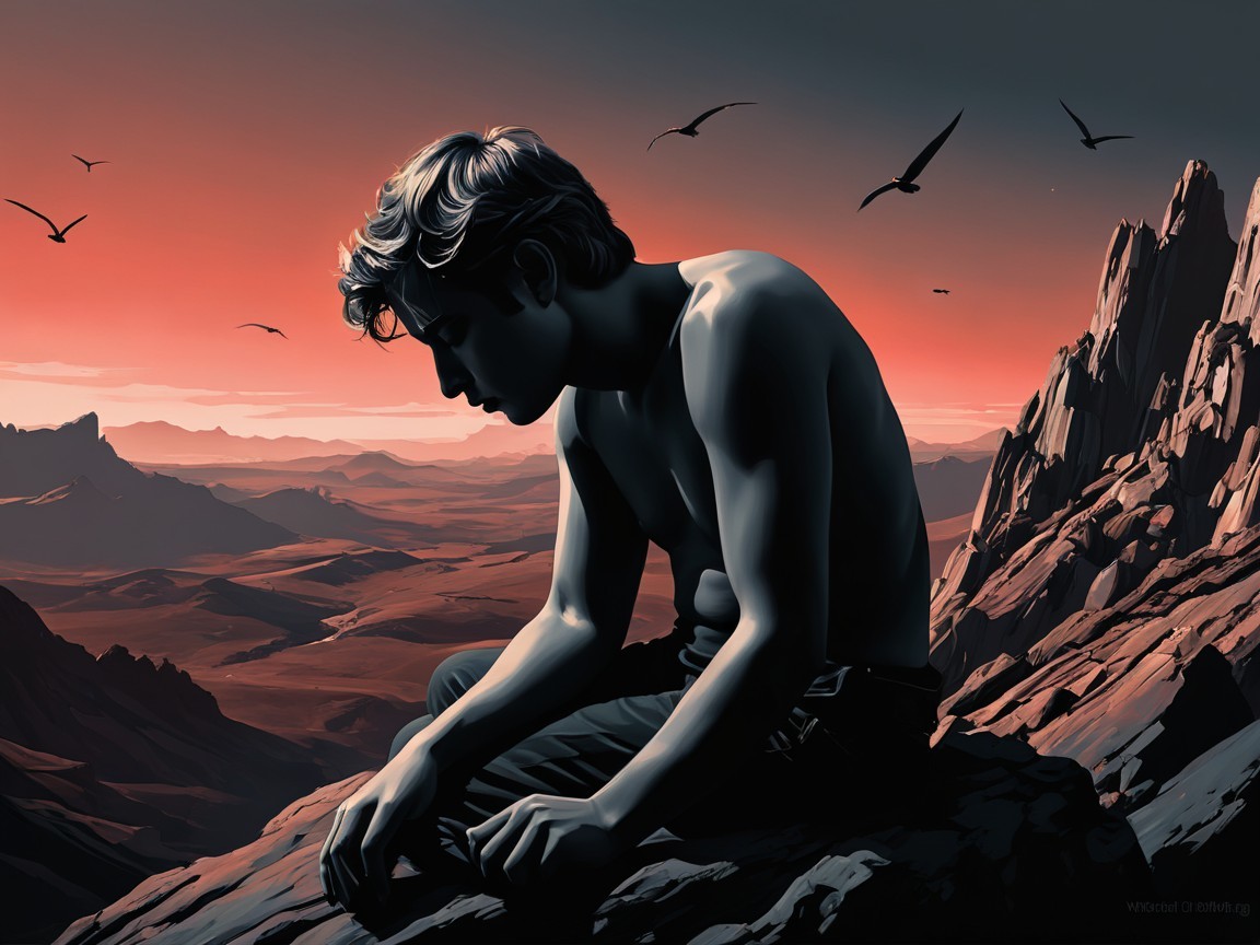Solitary Figure on Rocky Ledge at Vibrant Sunset