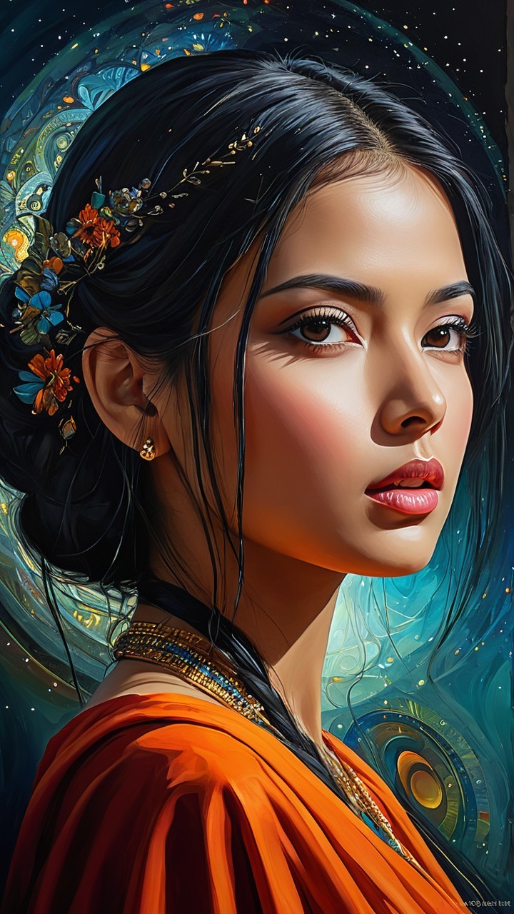Young woman in floral accessories against cosmic backdrop