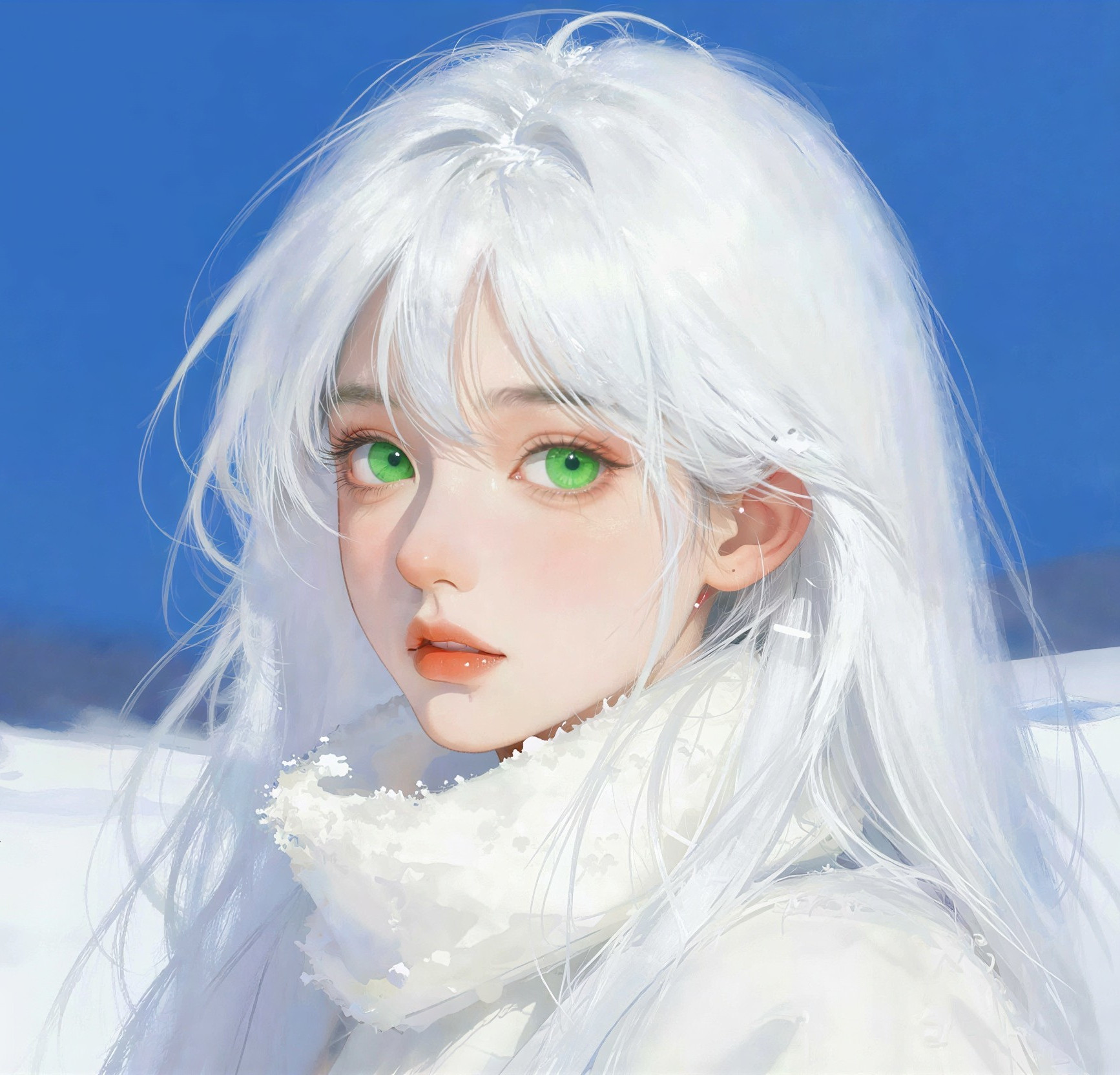 Girl with White Hair and Green Eyes in Winter Scene