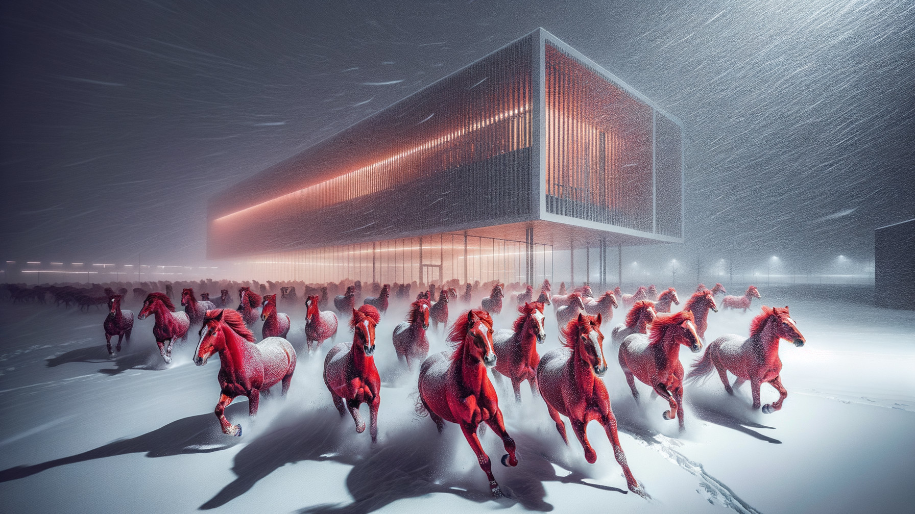 Red Horses Galloping in a Snowstorm with Modern Structure