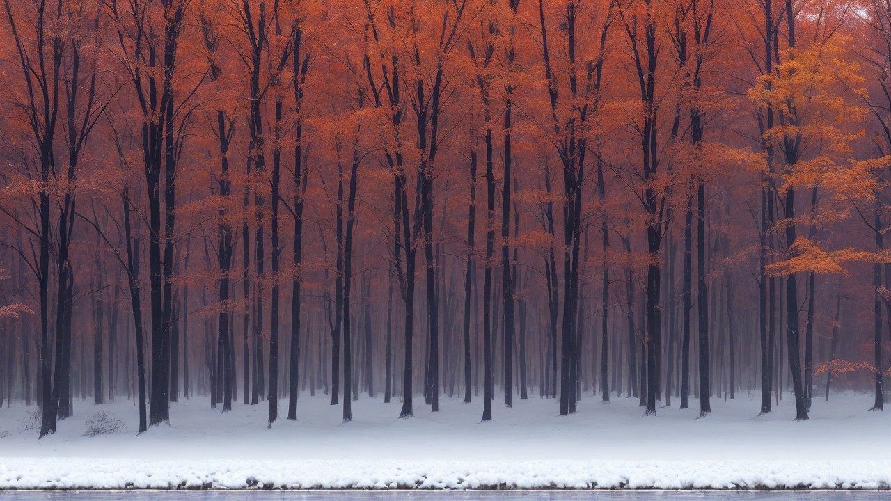 Serene winter landscape with orange leaves and fog