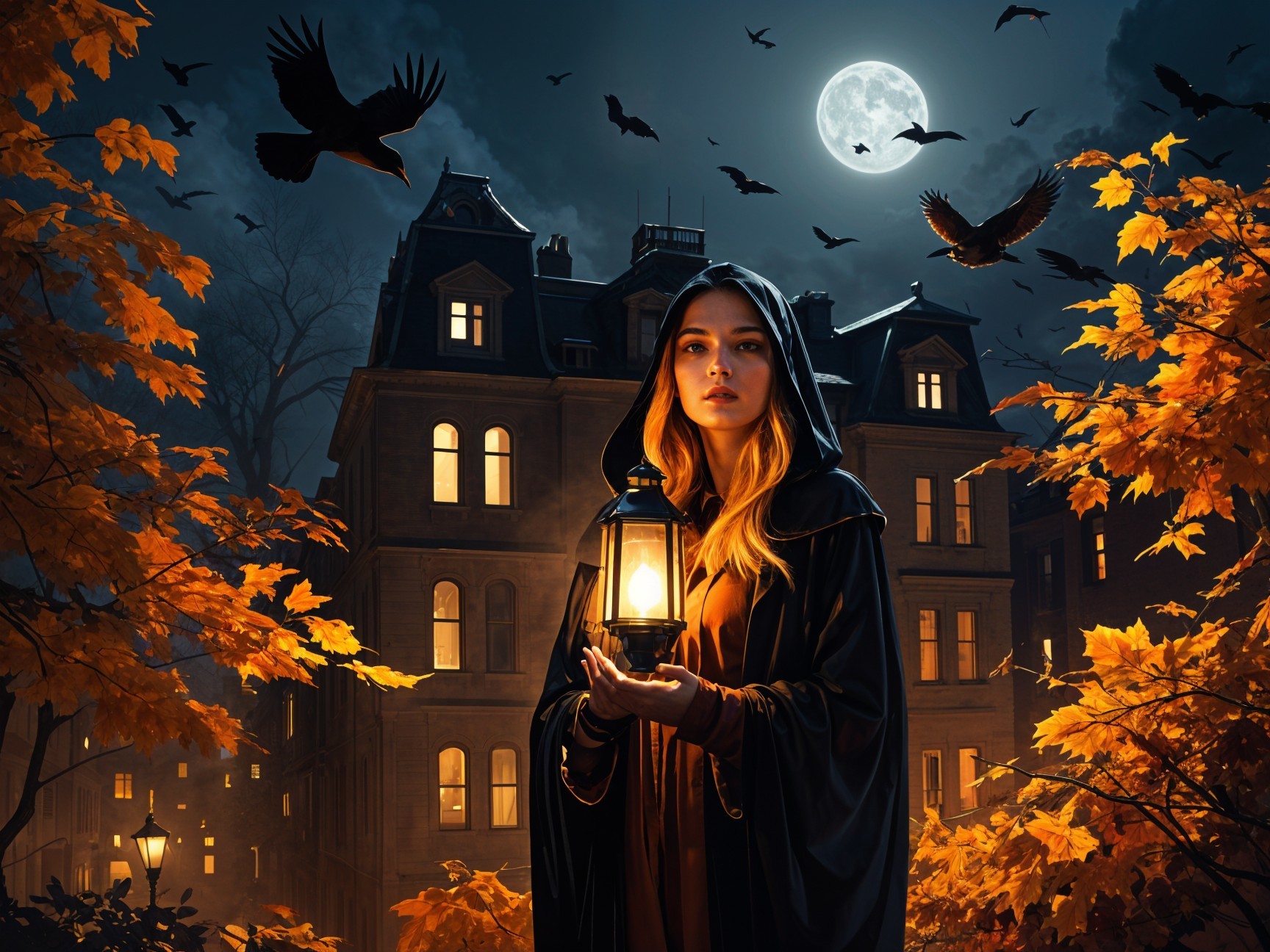 Mysterious Woman with Lantern in Moonlit Setting